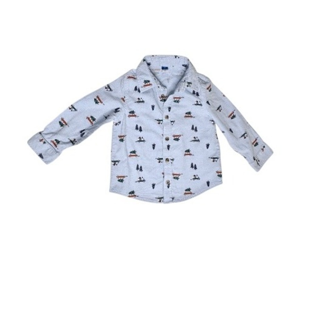 Old Navy Christmas Tree Truck Blue Oxford Button Up Shirt 4T Transportation